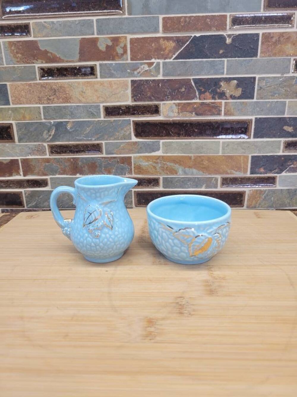 Vintage Wade Golden Turquoise Bramble Creamer and Sugar Bowl Set Blue Gold Decor